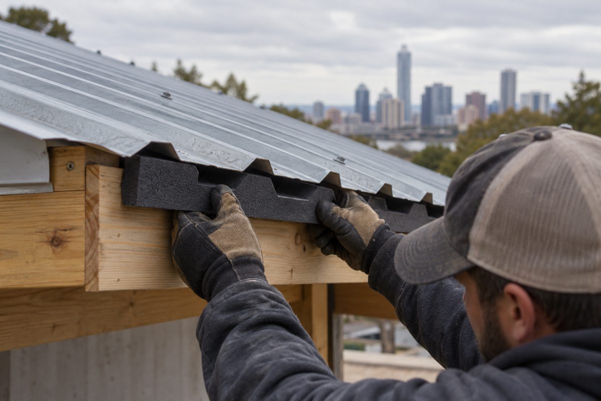 Profile closure strip fitted below a corrugated roof edge