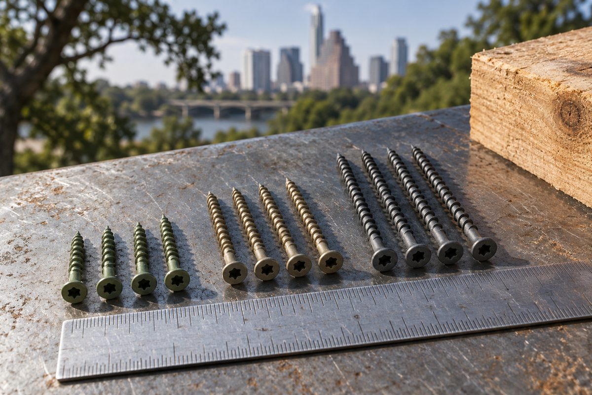 Coated screws arranged by length beside a steel rule