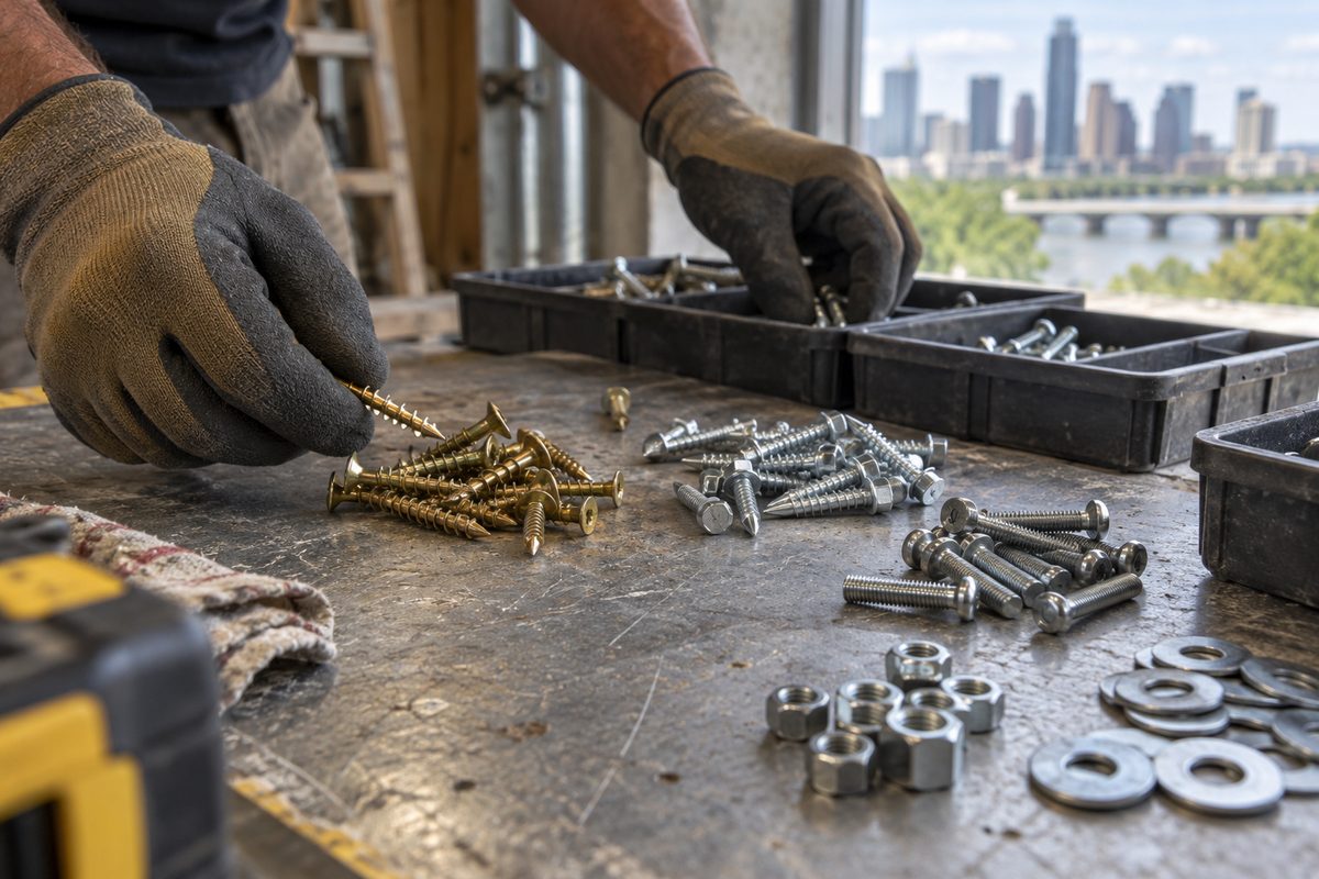 Coated screws, nuts, and washers selected on a work bench