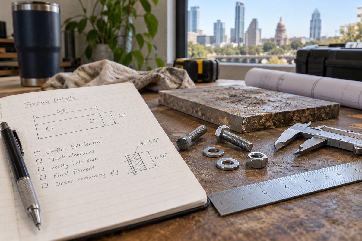 Technical notes and measured fasteners beside a steel rule